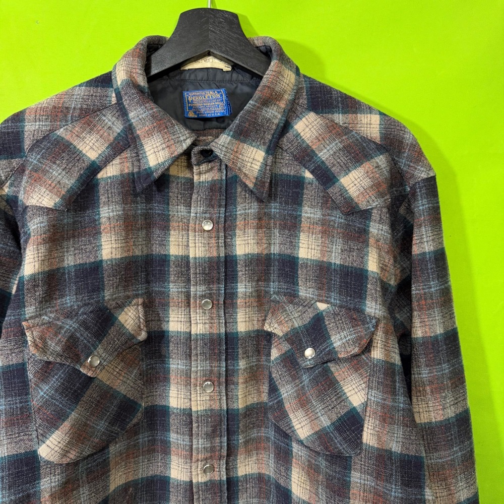 Vintage L Women's CROP Pendleton Wool Western Shirt Blue Brown Plaid Pearl Snap